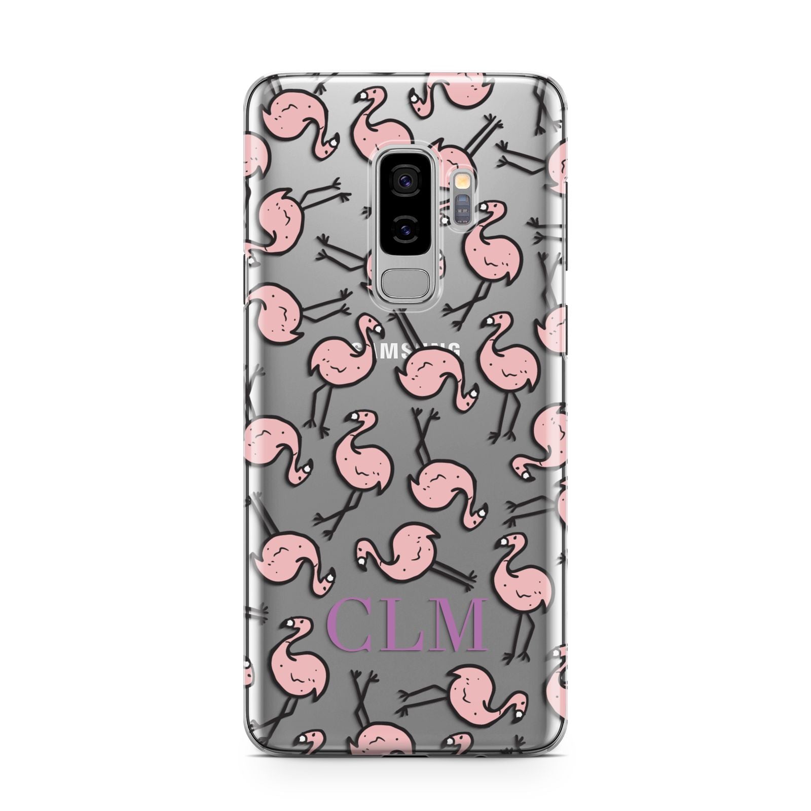 Personalised Flamingo Initials Clear Samsung Galaxy S9 Plus Case on Silver phone