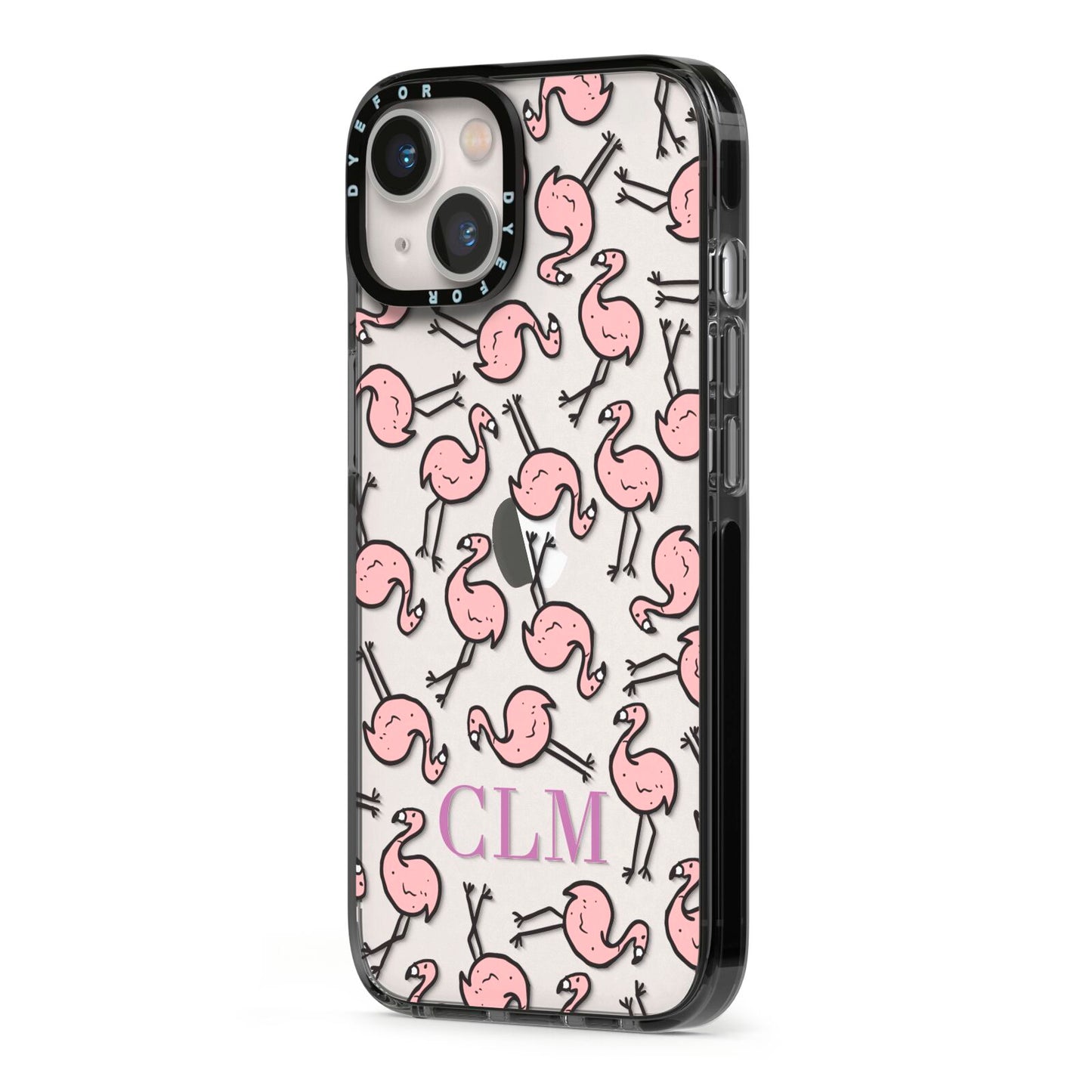 Personalised Flamingo Initials Clear iPhone 13 Black Impact Case Side Angle on Silver phone