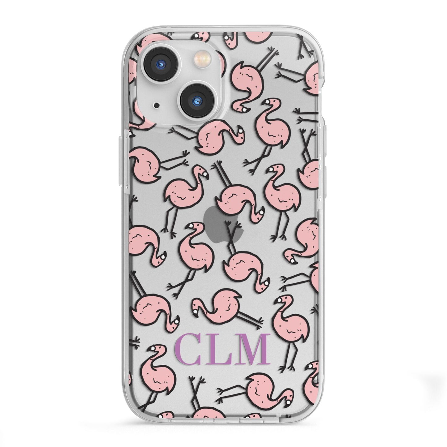 Personalised Flamingo Initials Clear iPhone 13 Mini TPU Impact Case with White Edges
