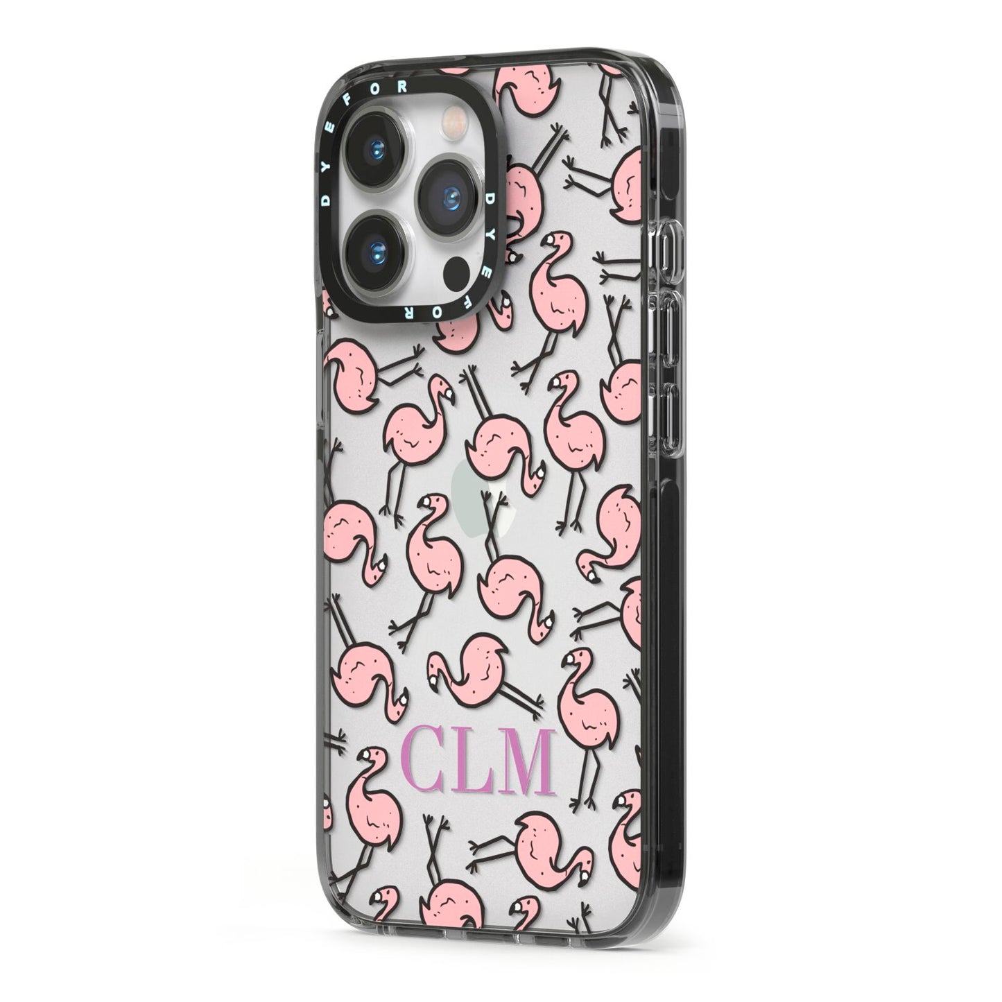 Personalised Flamingo Initials Clear iPhone 13 Pro Black Impact Case Side Angle on Silver phone