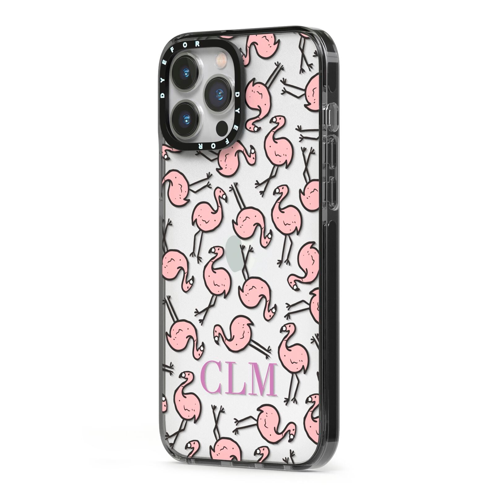 Personalised Flamingo Initials Clear iPhone 13 Pro Max Black Impact Case Side Angle on Silver phone