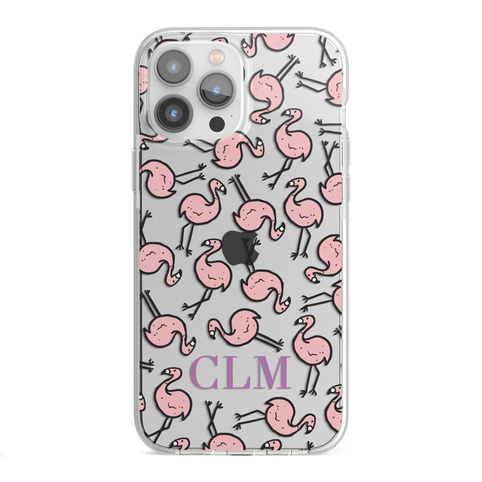 Personalised Flamingo Initials Clear iPhone 13 Pro Max TPU Impact Case with White Edges