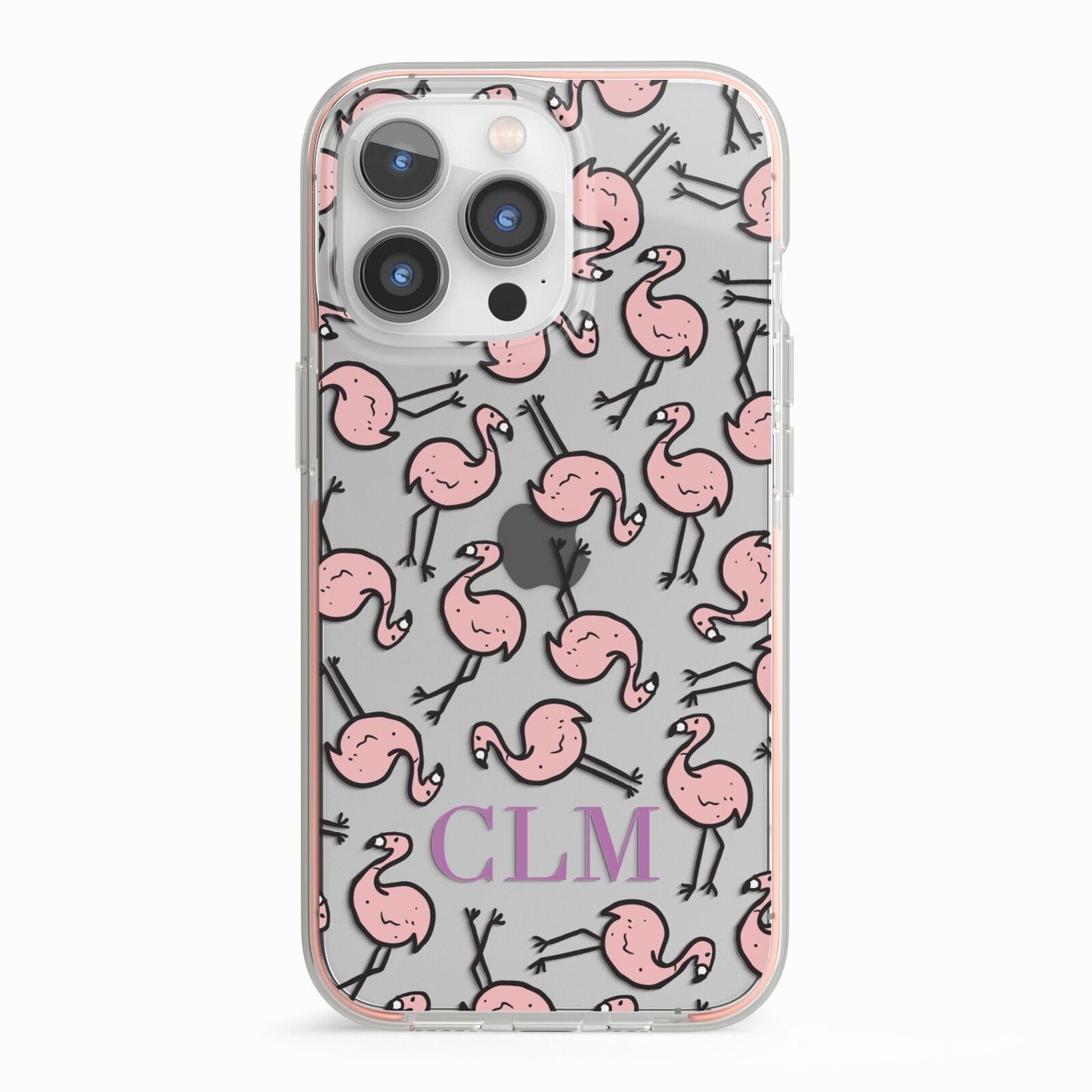 Personalised Flamingo Initials Clear iPhone 13 Pro TPU Impact Case with Pink Edges