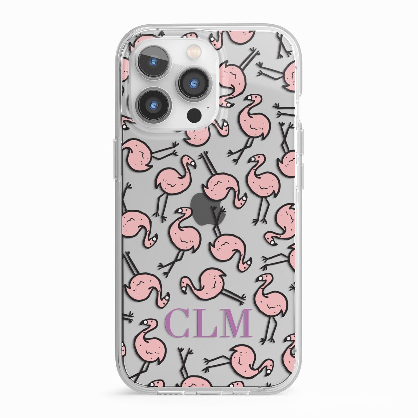 Personalised Flamingo Initials Clear iPhone 13 Pro TPU Impact Case with White Edges