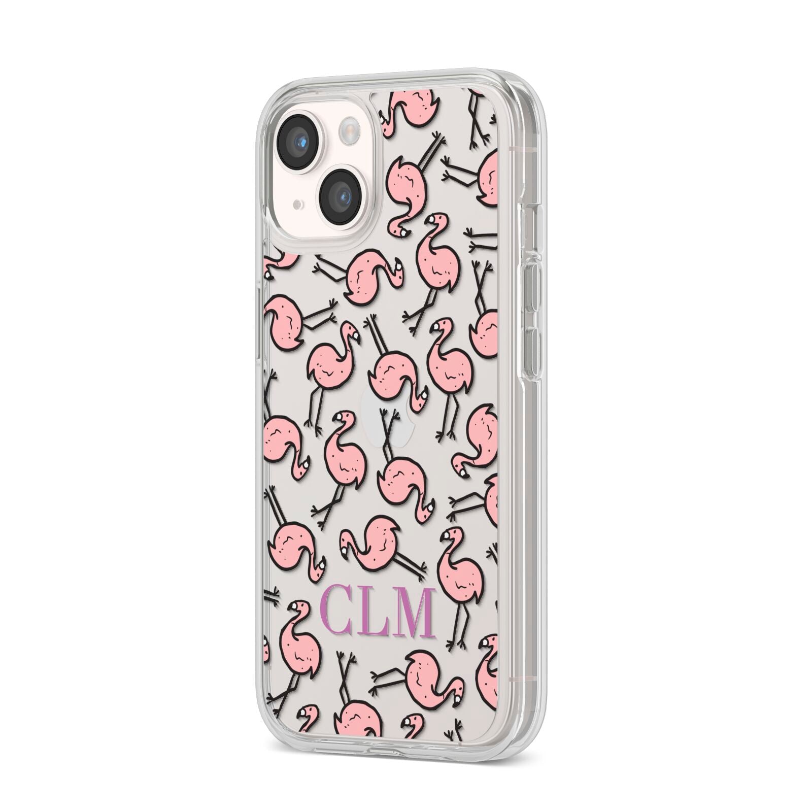 Personalised Flamingo Initials Clear iPhone 14 Clear Tough Case Starlight Angled Image