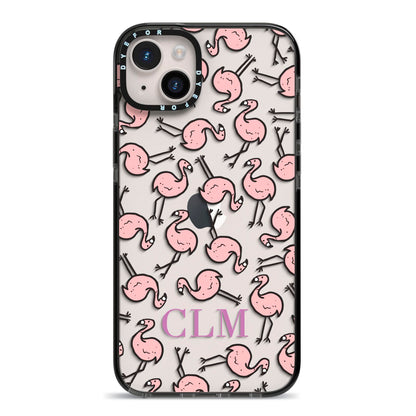 Personalised Flamingo Initials Clear iPhone 14 Plus Black Impact Case on Silver phone