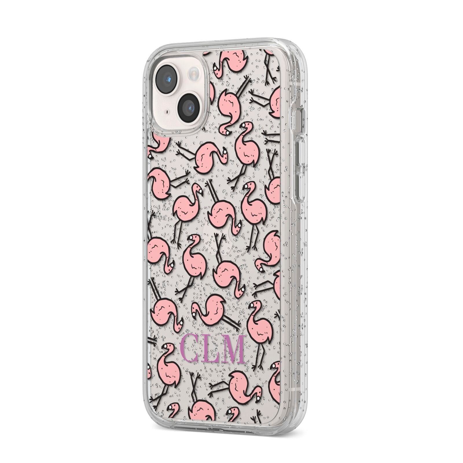Personalised Flamingo Initials Clear iPhone 14 Plus Glitter Tough Case Starlight Angled Image