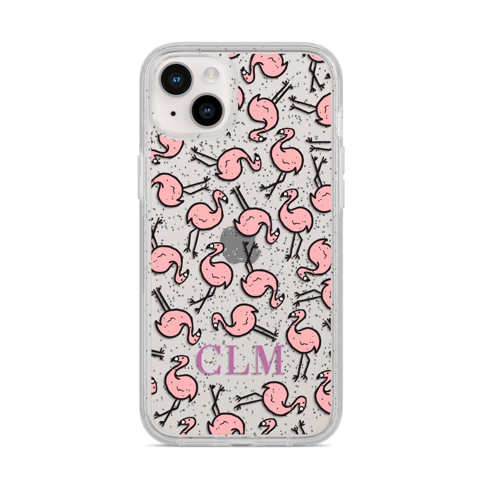 Personalised Flamingo Initials Clear iPhone 14 Plus Glitter Tough Case Starlight