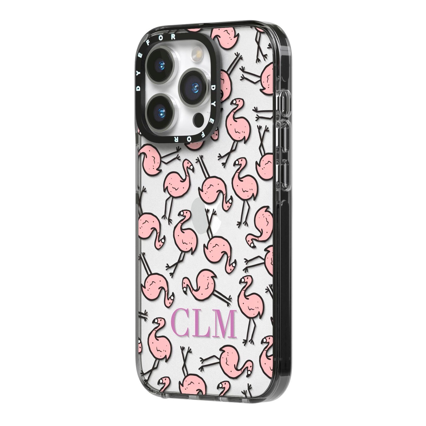 Personalised Flamingo Initials Clear iPhone 14 Pro Black Impact Case Side Angle on Silver phone