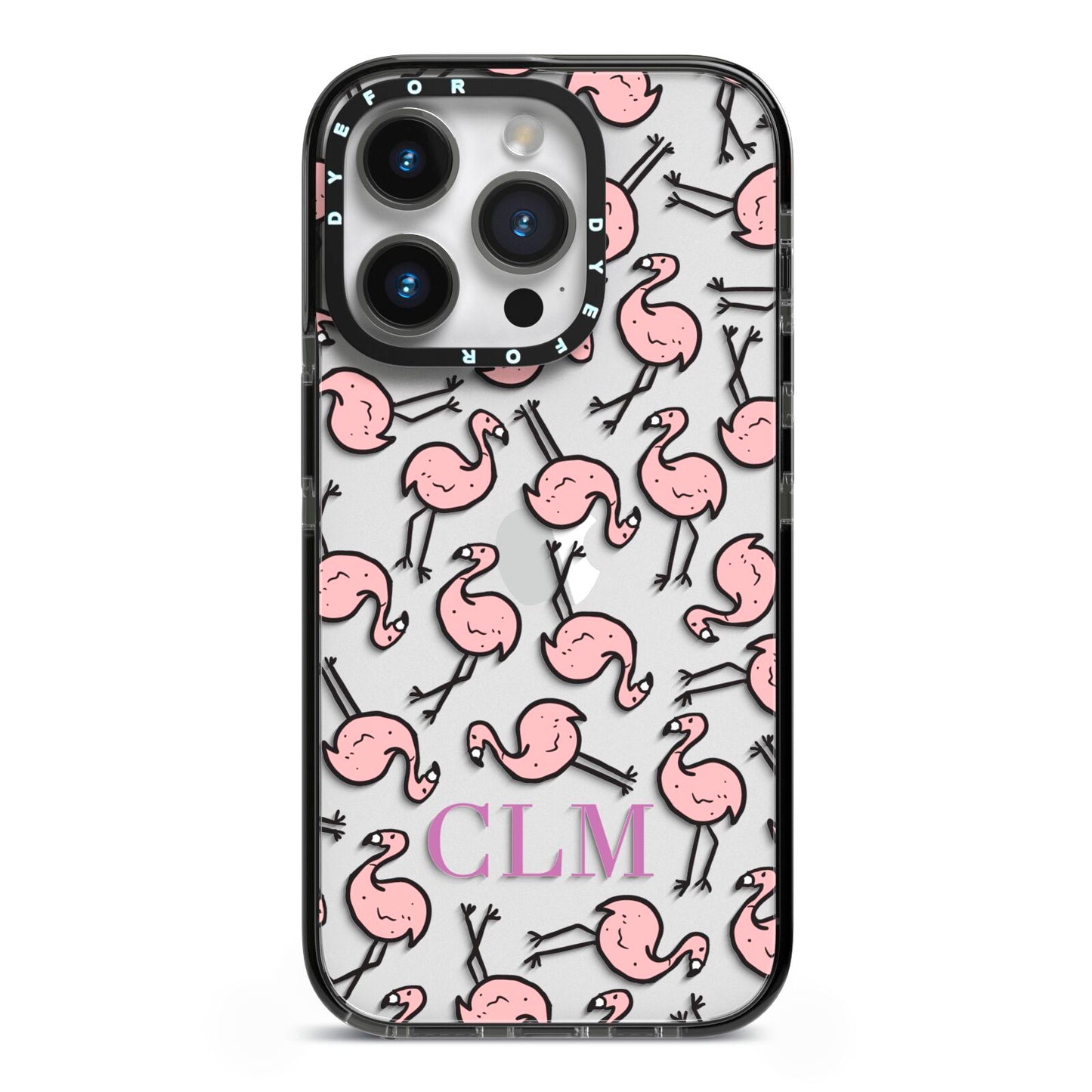 Personalised Flamingo Initials Clear iPhone 14 Pro Black Impact Case on Silver phone