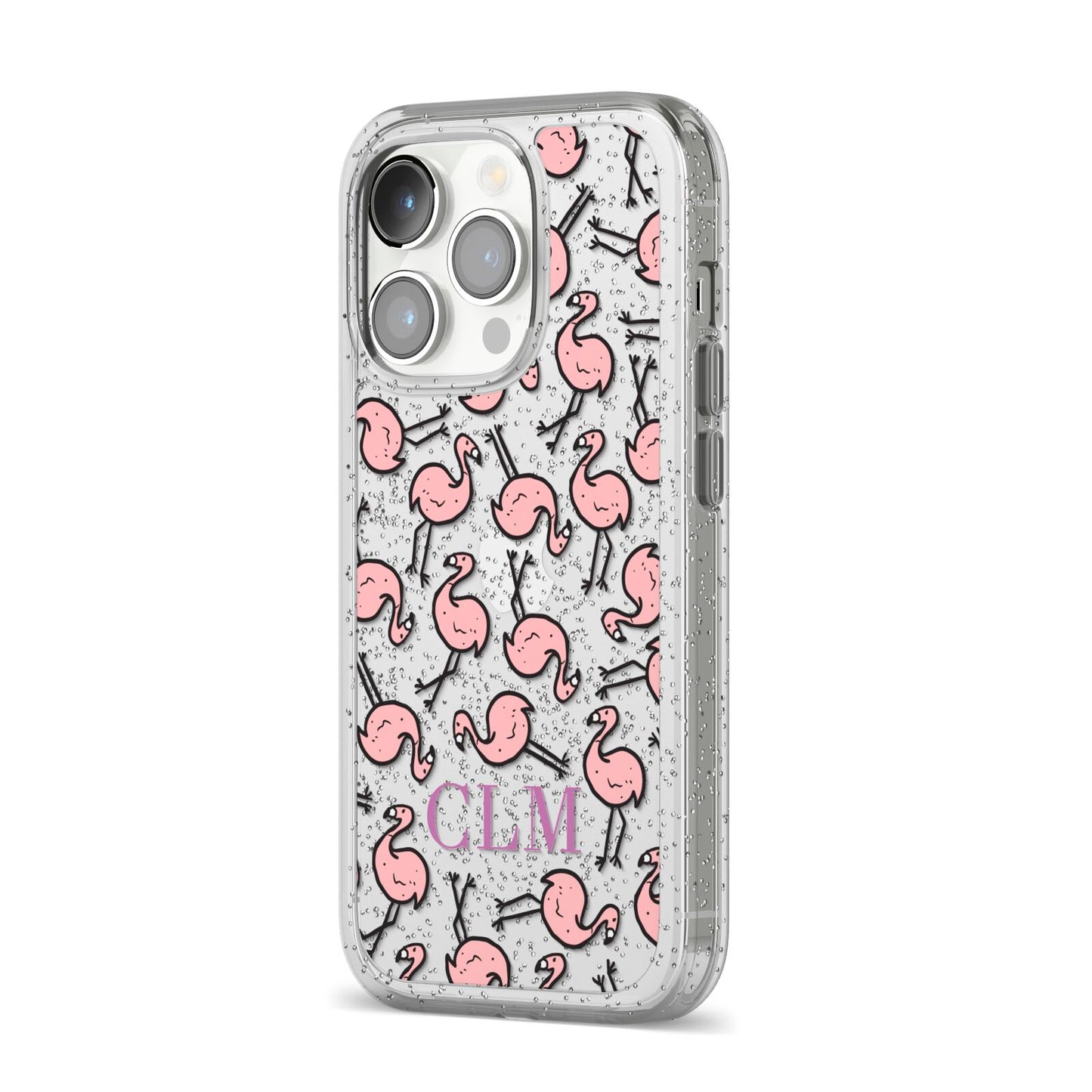 Personalised Flamingo Initials Clear iPhone 14 Pro Glitter Tough Case Silver Angled Image