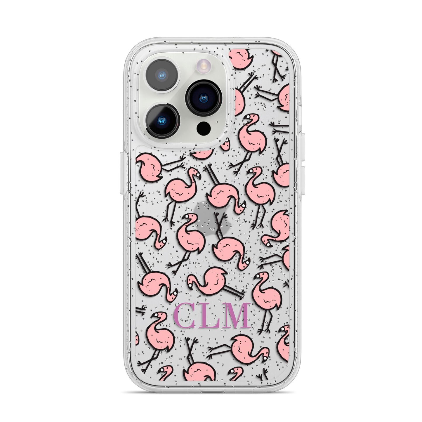 Personalised Flamingo Initials Clear iPhone 14 Pro Glitter Tough Case Silver