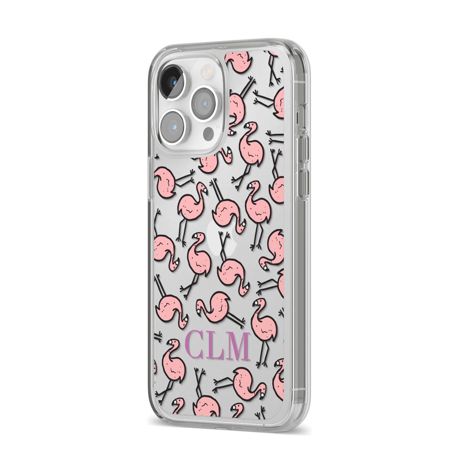 Personalised Flamingo Initials Clear iPhone 14 Pro Max Clear Tough Case Silver Angled Image