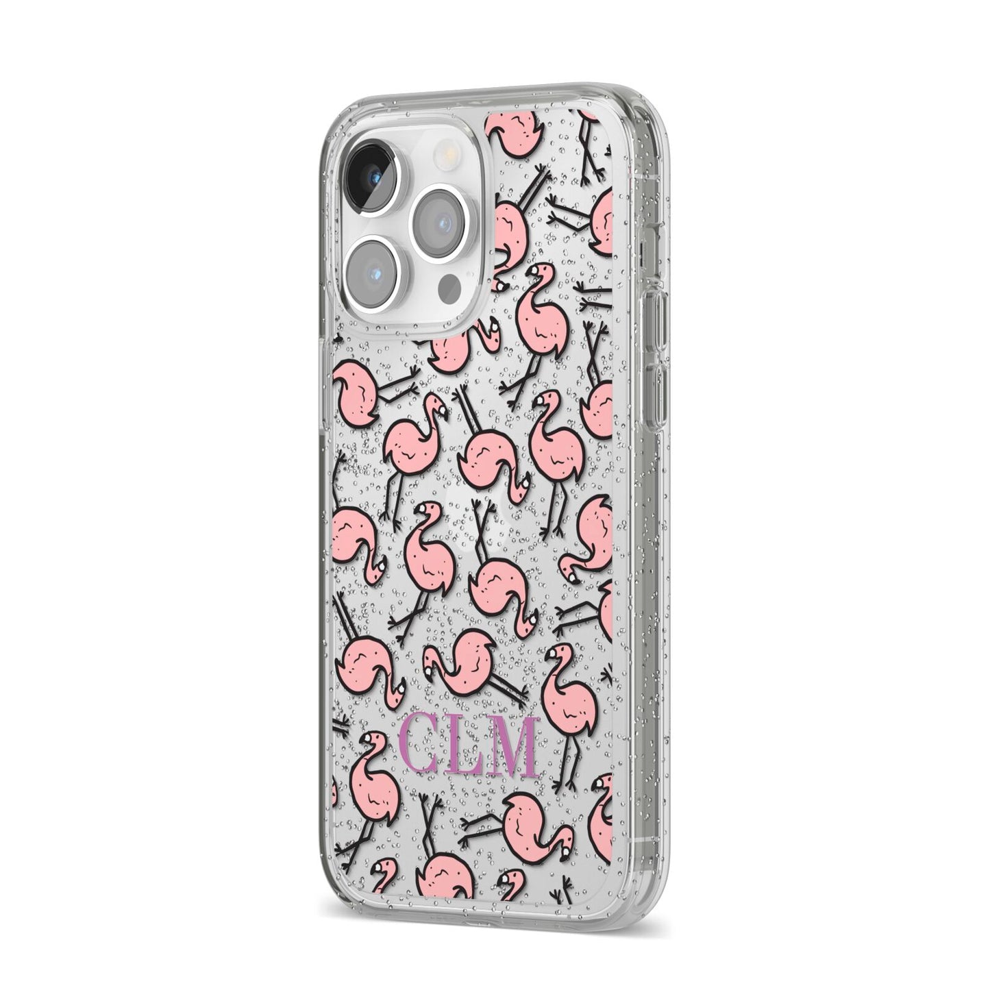 Personalised Flamingo Initials Clear iPhone 14 Pro Max Glitter Tough Case Silver Angled Image
