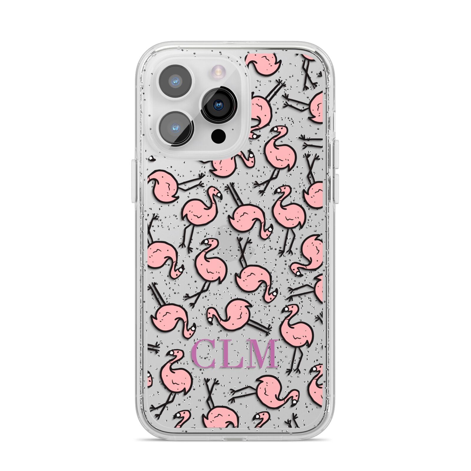 Personalised Flamingo Initials Clear iPhone 14 Pro Max Glitter Tough Case Silver