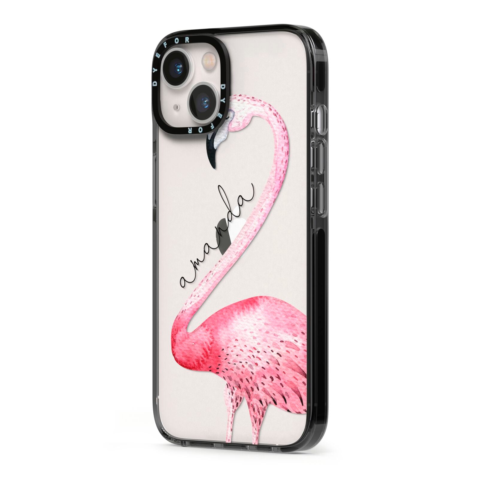 Personalised Flamingo iPhone 13 Black Impact Case Side Angle on Silver phone
