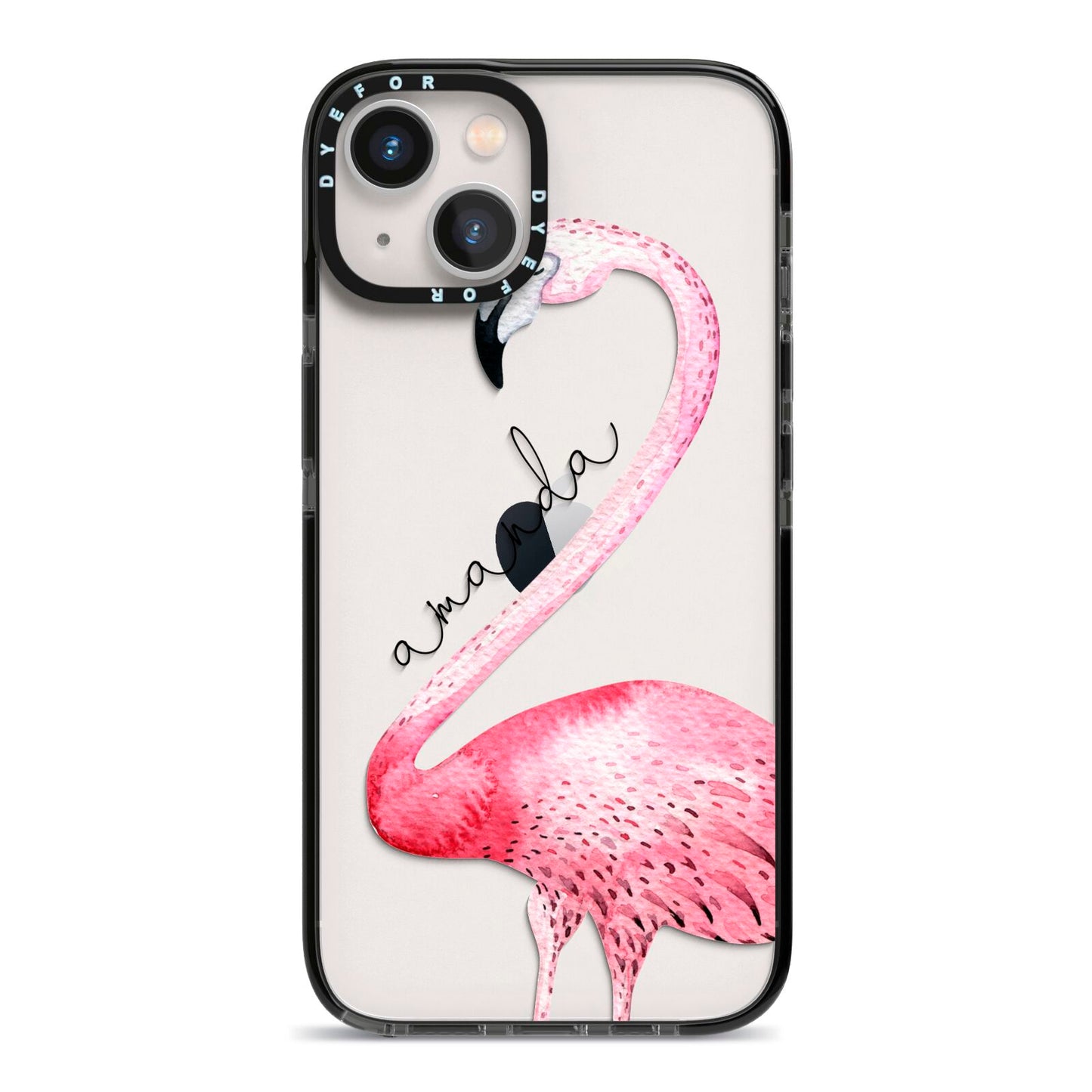 Personalised Flamingo iPhone 13 Black Impact Case on Silver phone