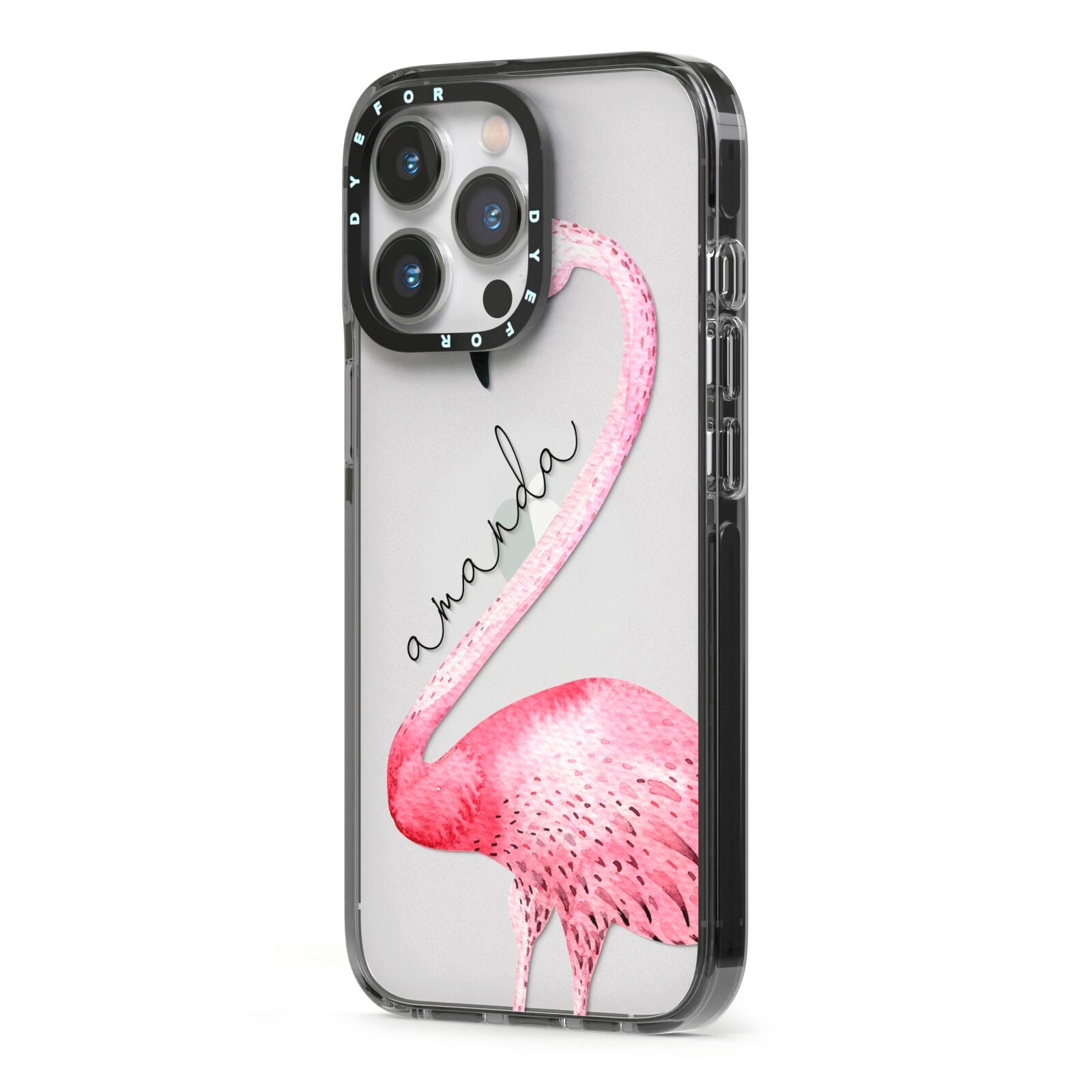 Personalised Flamingo iPhone 13 Pro Black Impact Case Side Angle on Silver phone