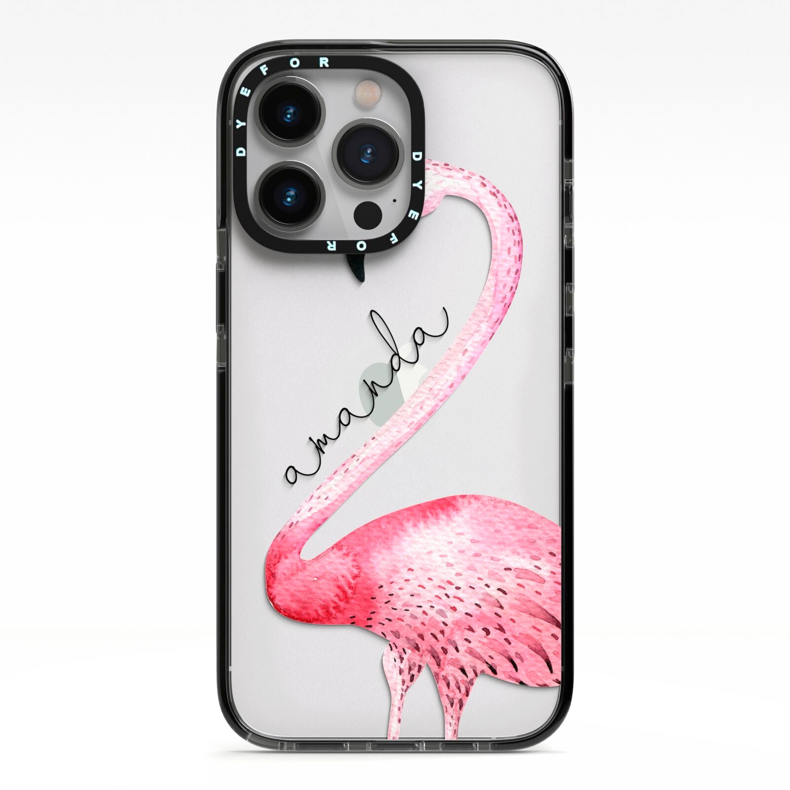 Personalised Flamingo iPhone 13 Pro Black Impact Case on Silver phone