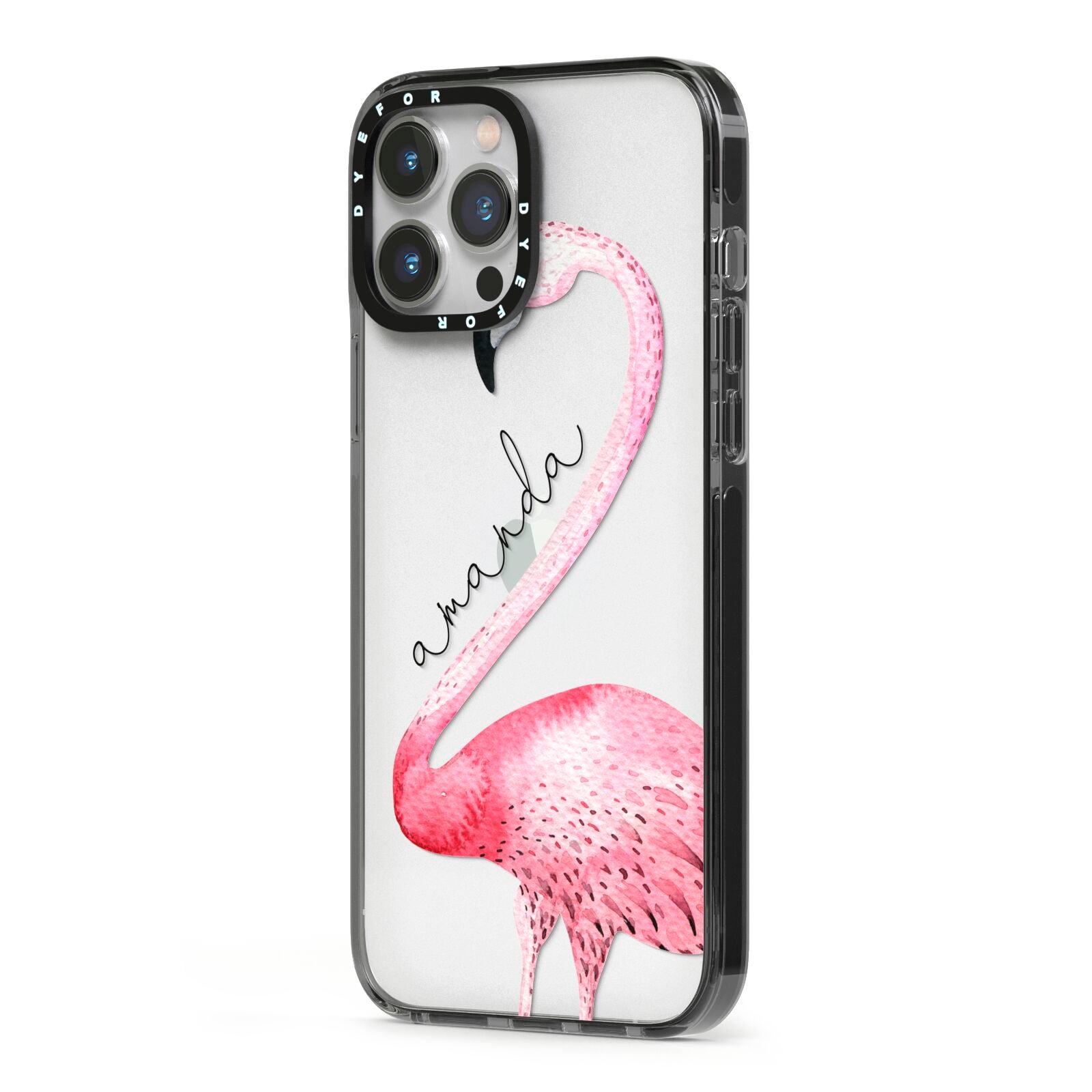 Personalised Flamingo iPhone 13 Pro Max Black Impact Case Side Angle on Silver phone