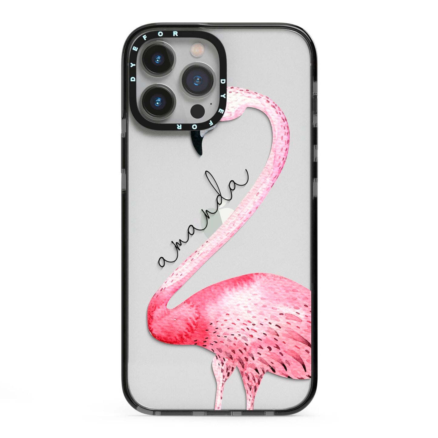 Personalised Flamingo iPhone 13 Pro Max Black Impact Case on Silver phone