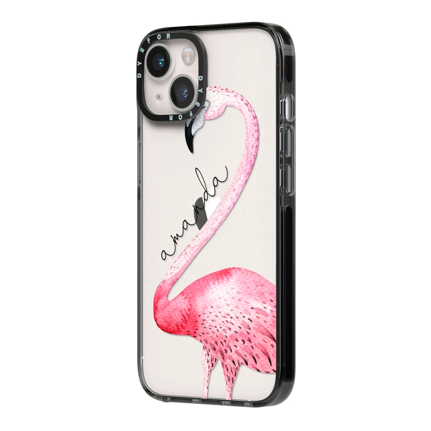 Personalised Flamingo iPhone 14 Black Impact Case Side Angle on Silver phone