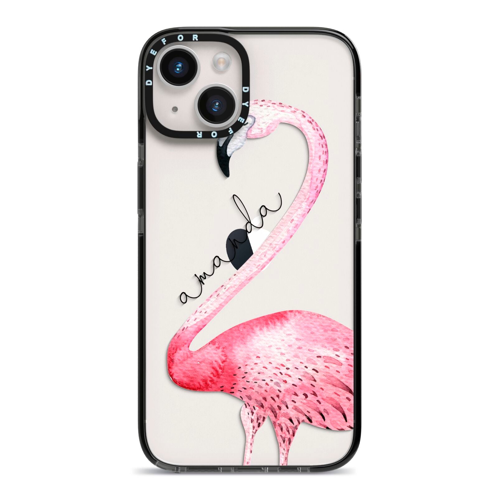 Personalised Flamingo iPhone 14 Black Impact Case on Silver phone