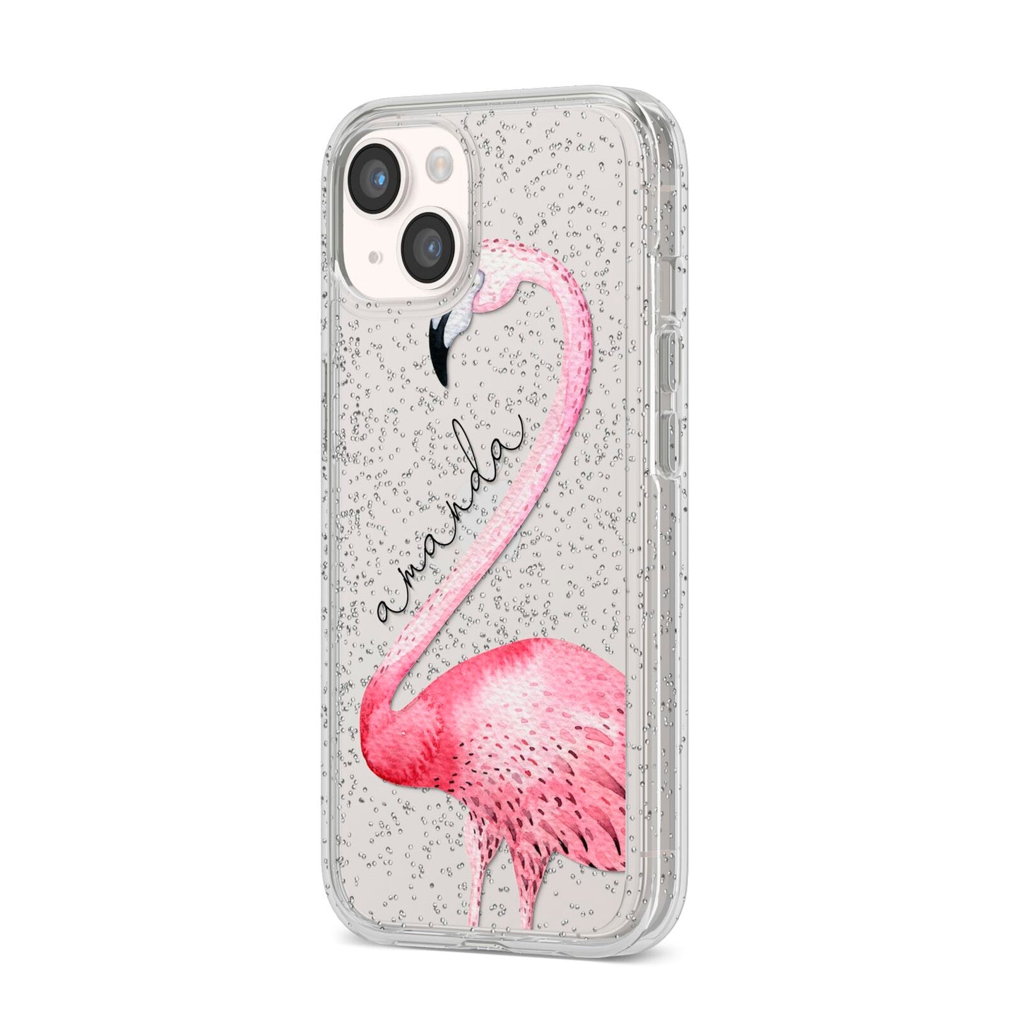 Personalised Flamingo iPhone 14 Glitter Tough Case Starlight Angled Image