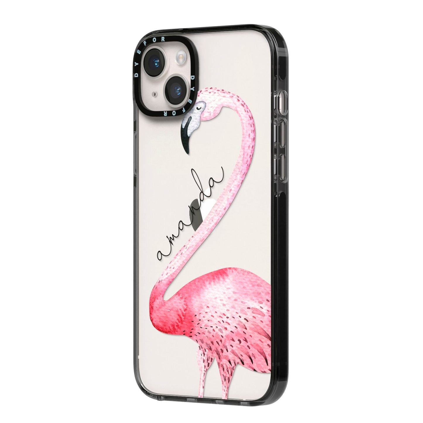 Personalised Flamingo iPhone 14 Plus Black Impact Case Side Angle on Silver phone