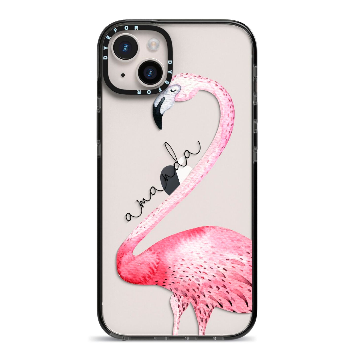 Personalised Flamingo iPhone 14 Plus Black Impact Case on Silver phone