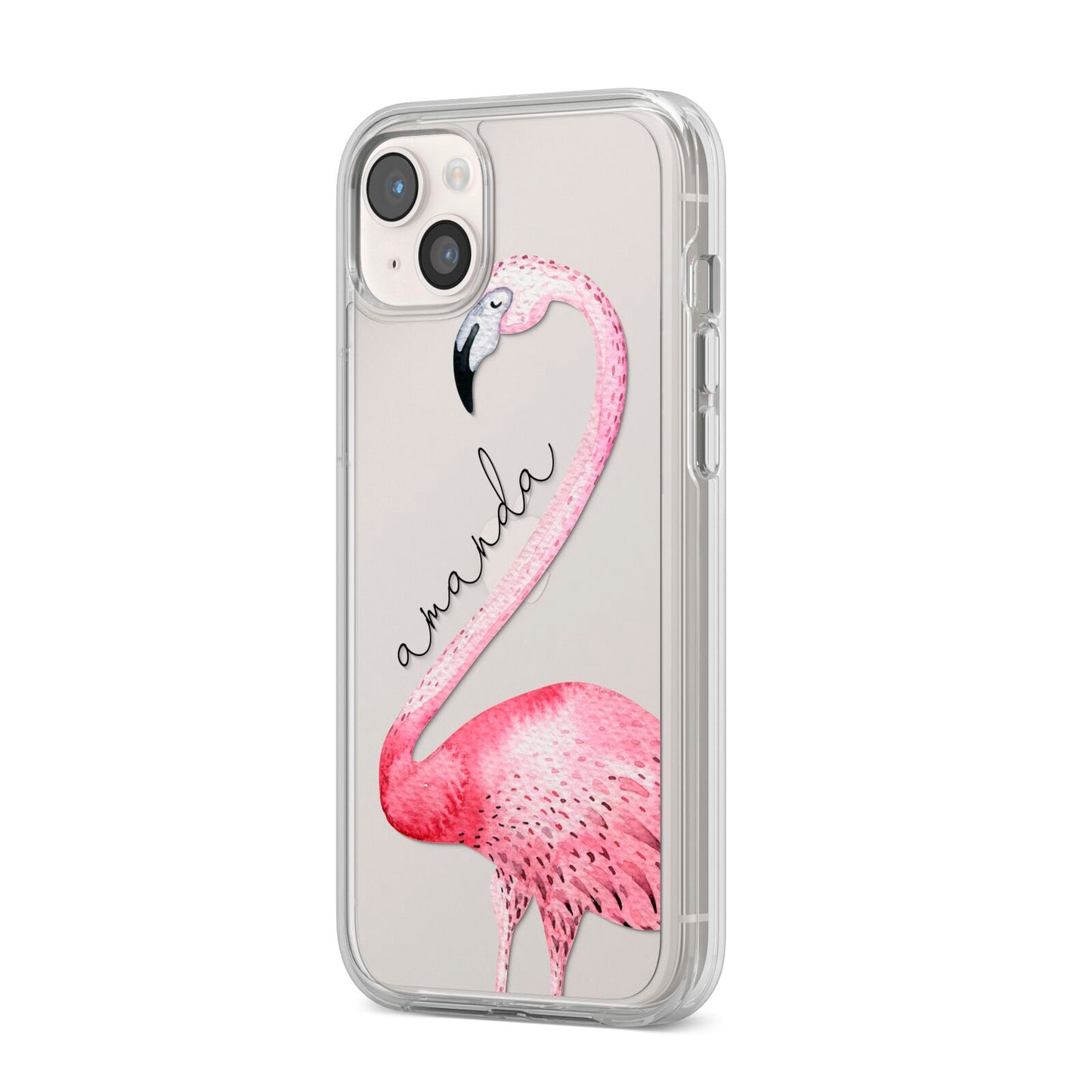 Personalised Flamingo iPhone 14 Plus Clear Tough Case Starlight Angled Image