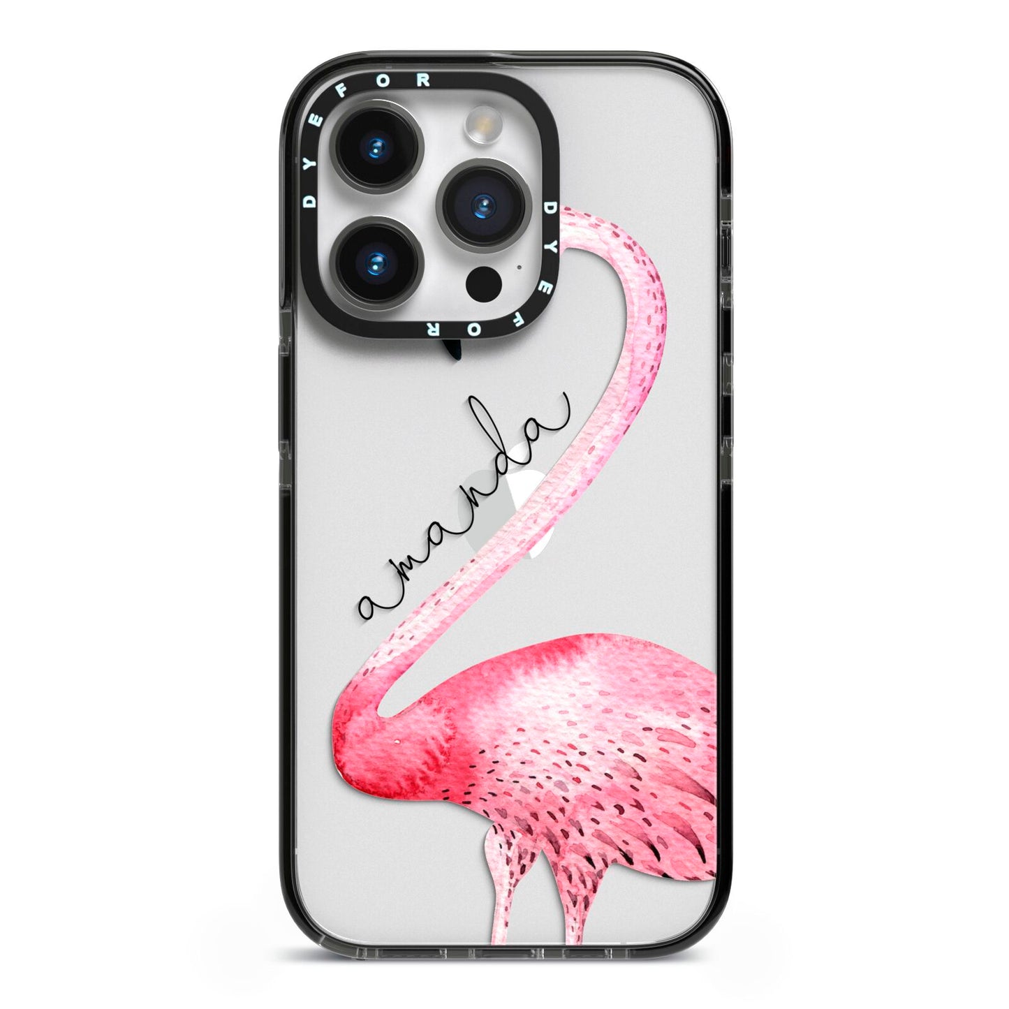 Personalised Flamingo iPhone 14 Pro Black Impact Case on Silver phone