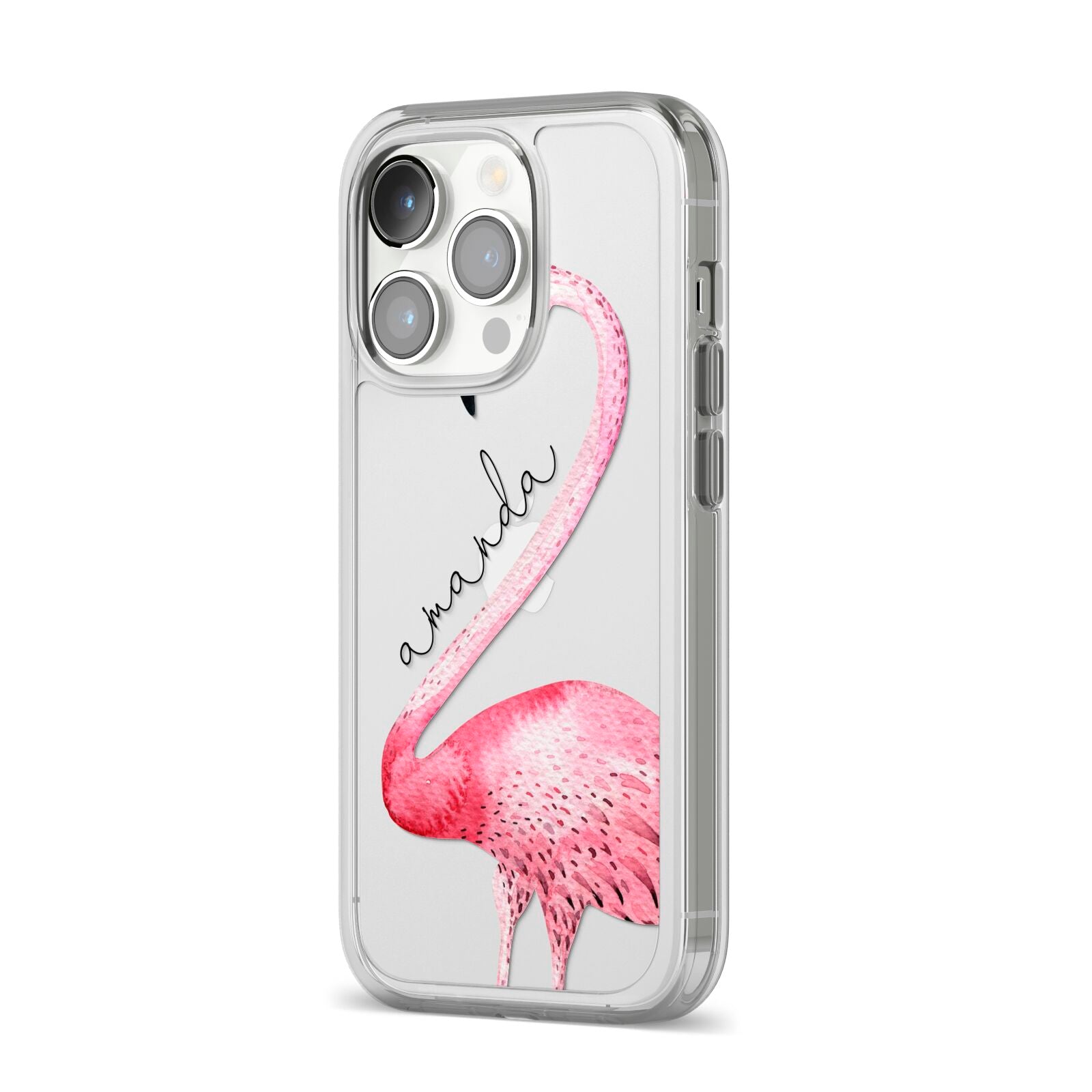 Personalised Flamingo iPhone 14 Pro Clear Tough Case Silver Angled Image