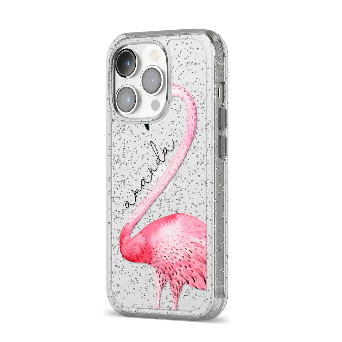 Personalised Flamingo iPhone 14 Pro Glitter Tough Case Silver Angled Image