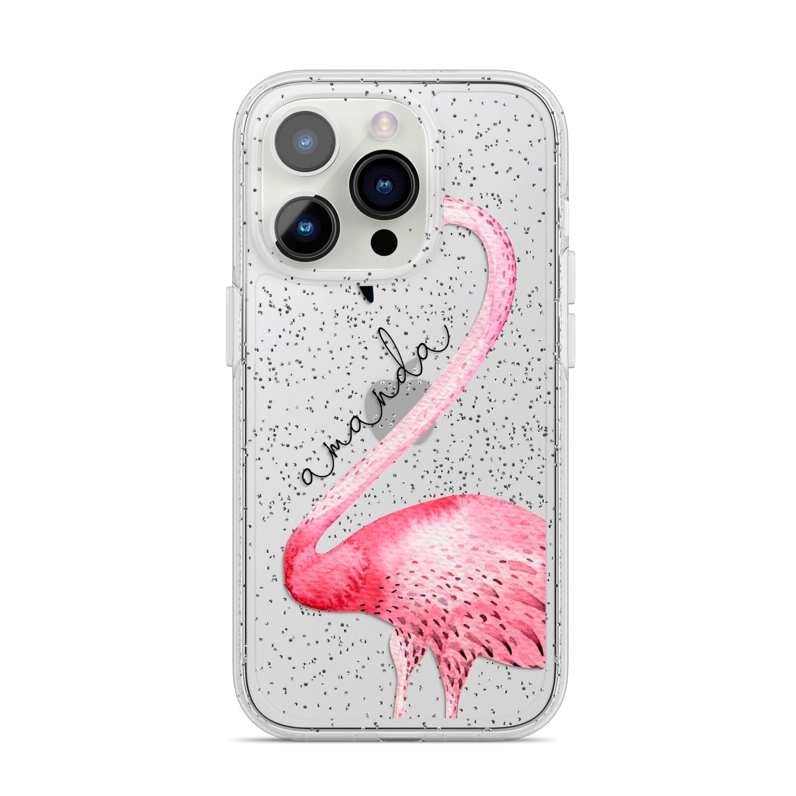 Personalised Flamingo iPhone 14 Pro Glitter Tough Case Silver