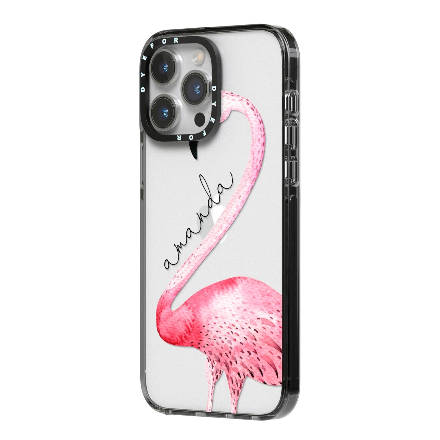 Personalised Flamingo iPhone 14 Pro Max Black Impact Case Side Angle on Silver phone