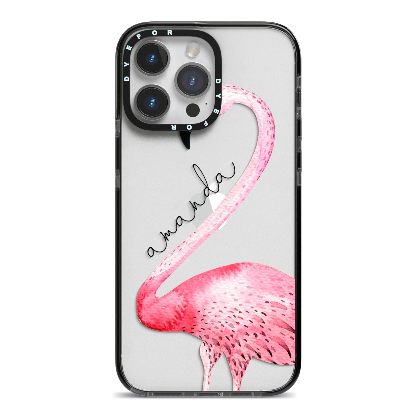 Personalised Flamingo iPhone 14 Pro Max Black Impact Case on Silver phone