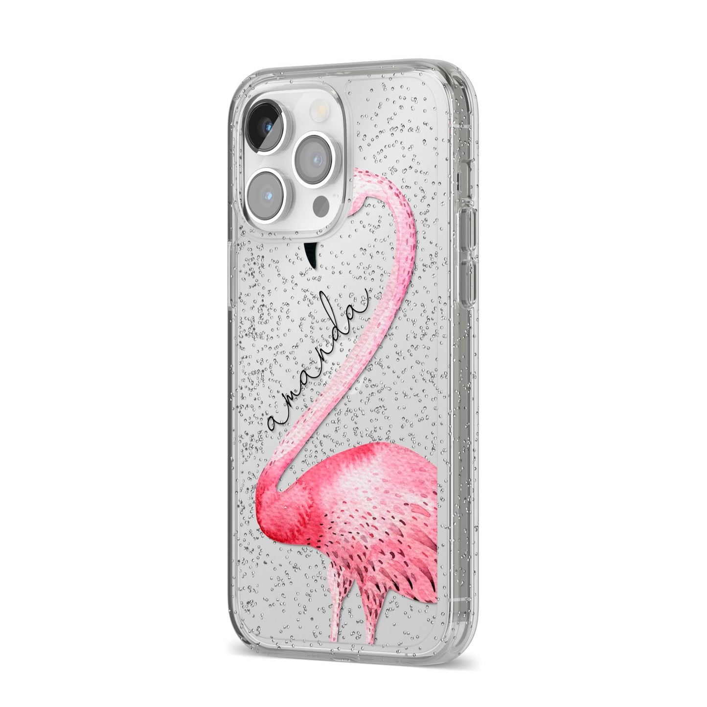 Personalised Flamingo iPhone 14 Pro Max Glitter Tough Case Silver Angled Image