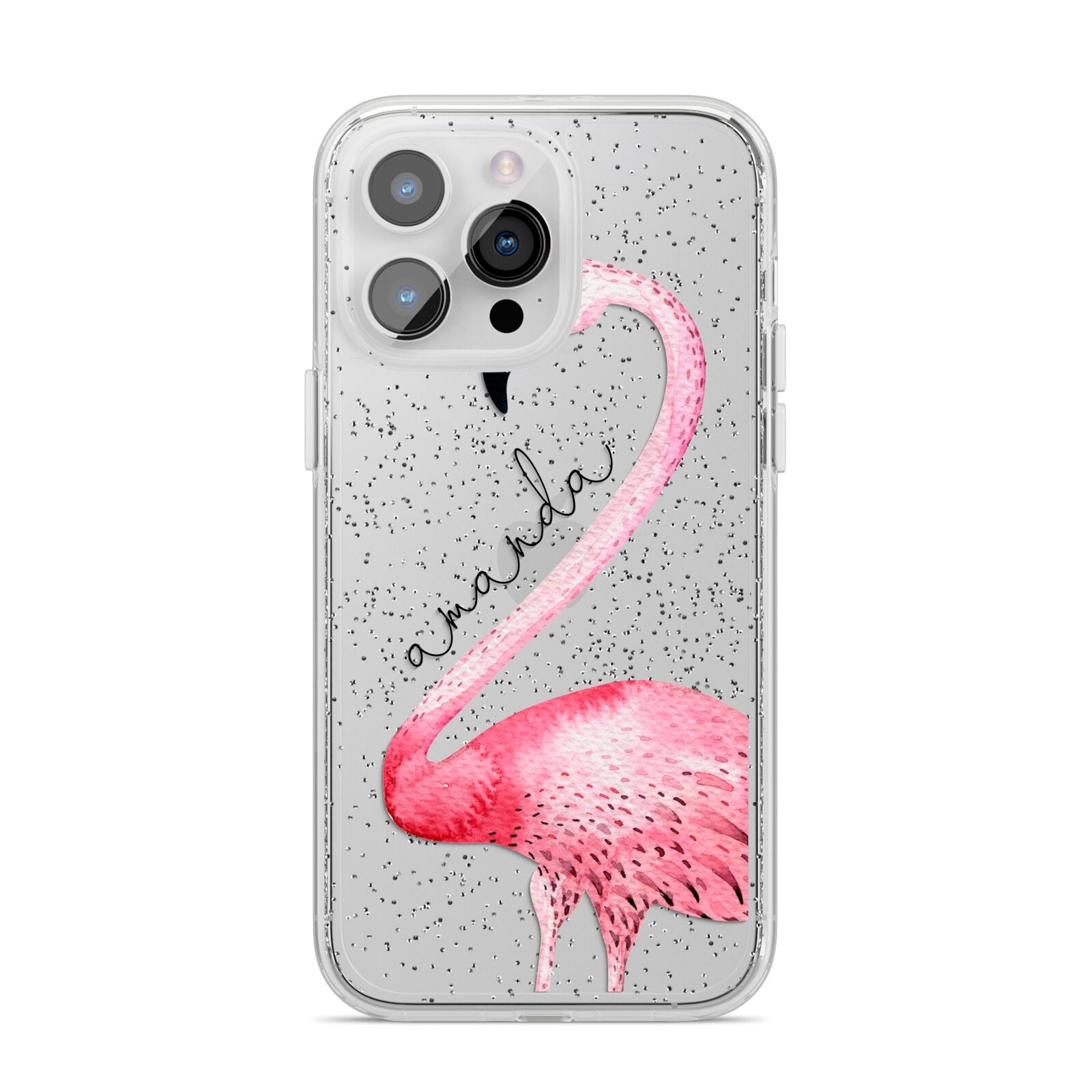 Personalised Flamingo iPhone 14 Pro Max Glitter Tough Case Silver