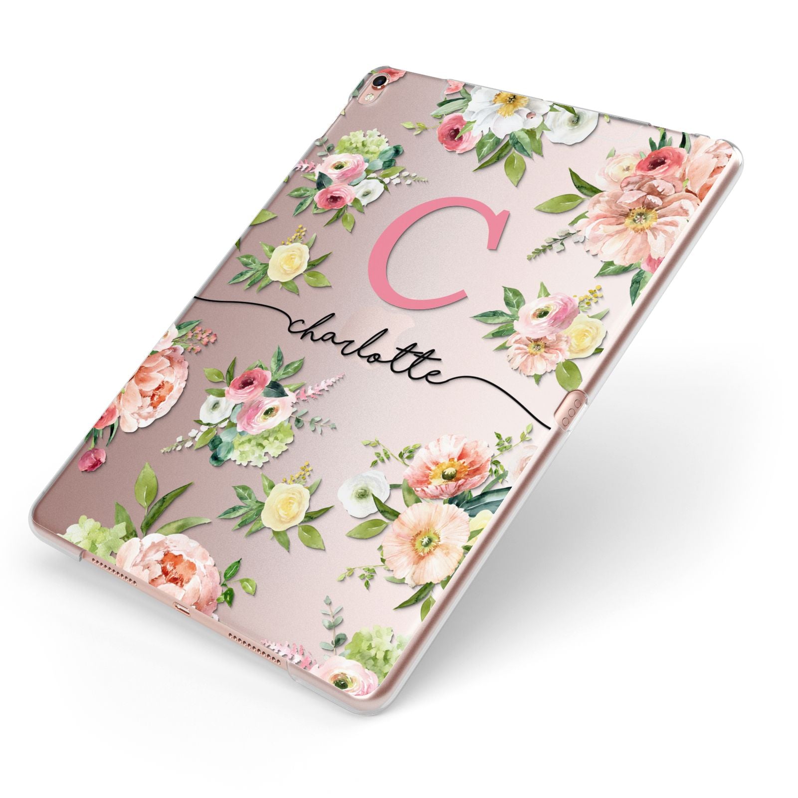 Personalised Floral Apple iPad Case on Rose Gold iPad Side View