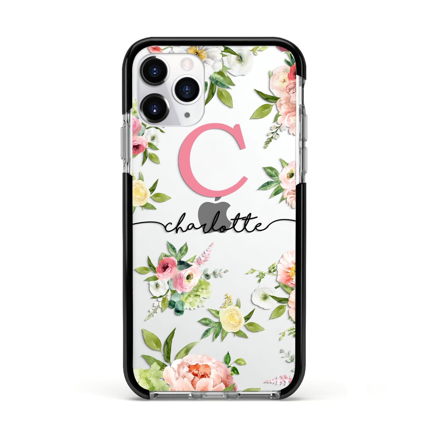 Personalised Floral Apple iPhone 11 Pro in Silver with Black Impact Case