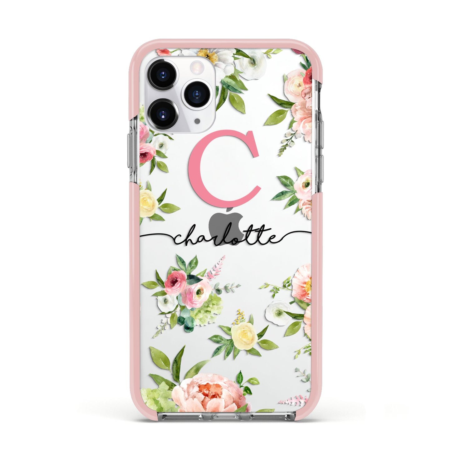 Personalised Floral Apple iPhone 11 Pro in Silver with Pink Impact Case