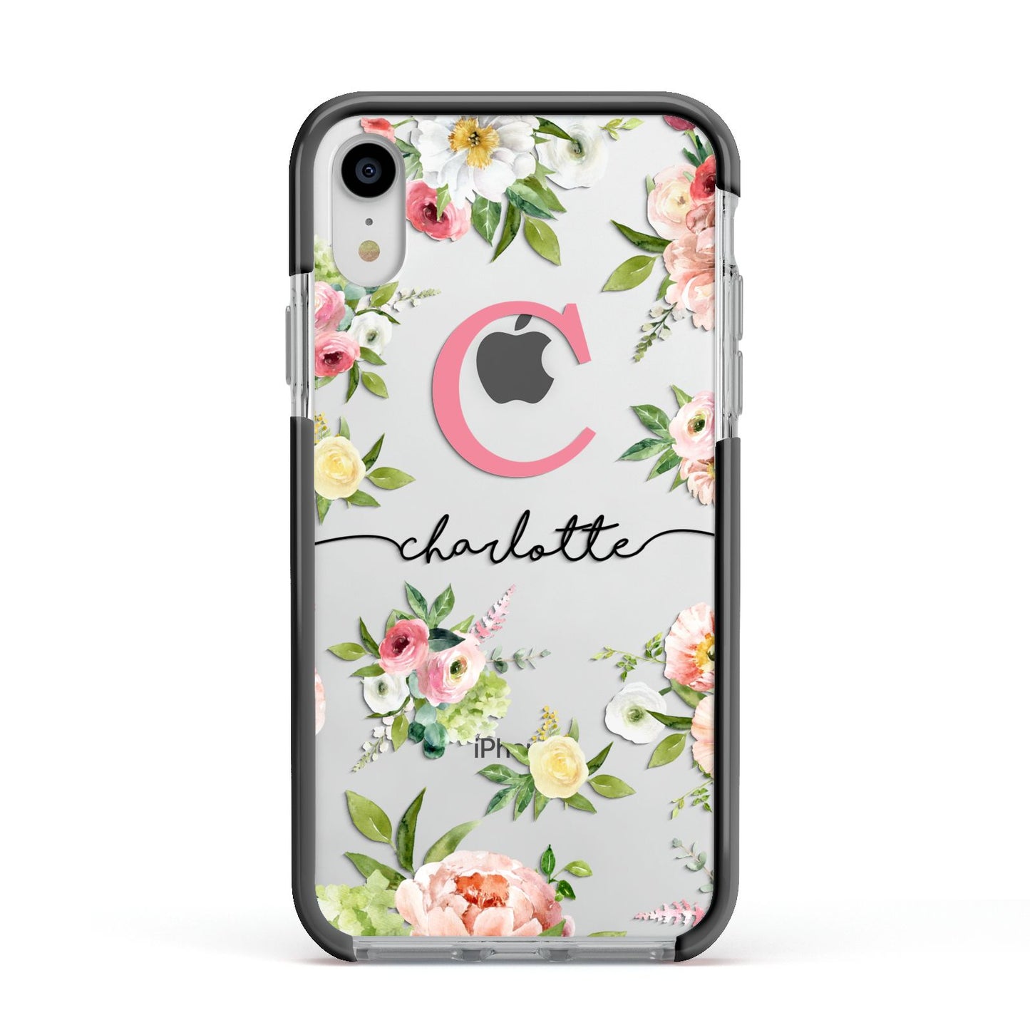 Personalised Floral Apple iPhone XR Impact Case Black Edge on Silver Phone