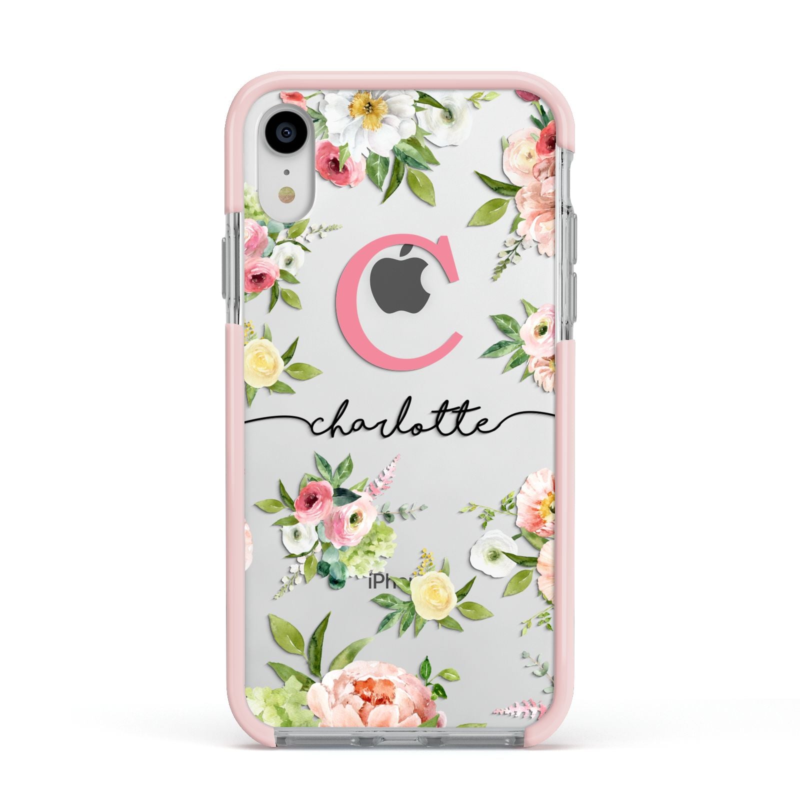 Personalised Floral Apple iPhone XR Impact Case Pink Edge on Silver Phone
