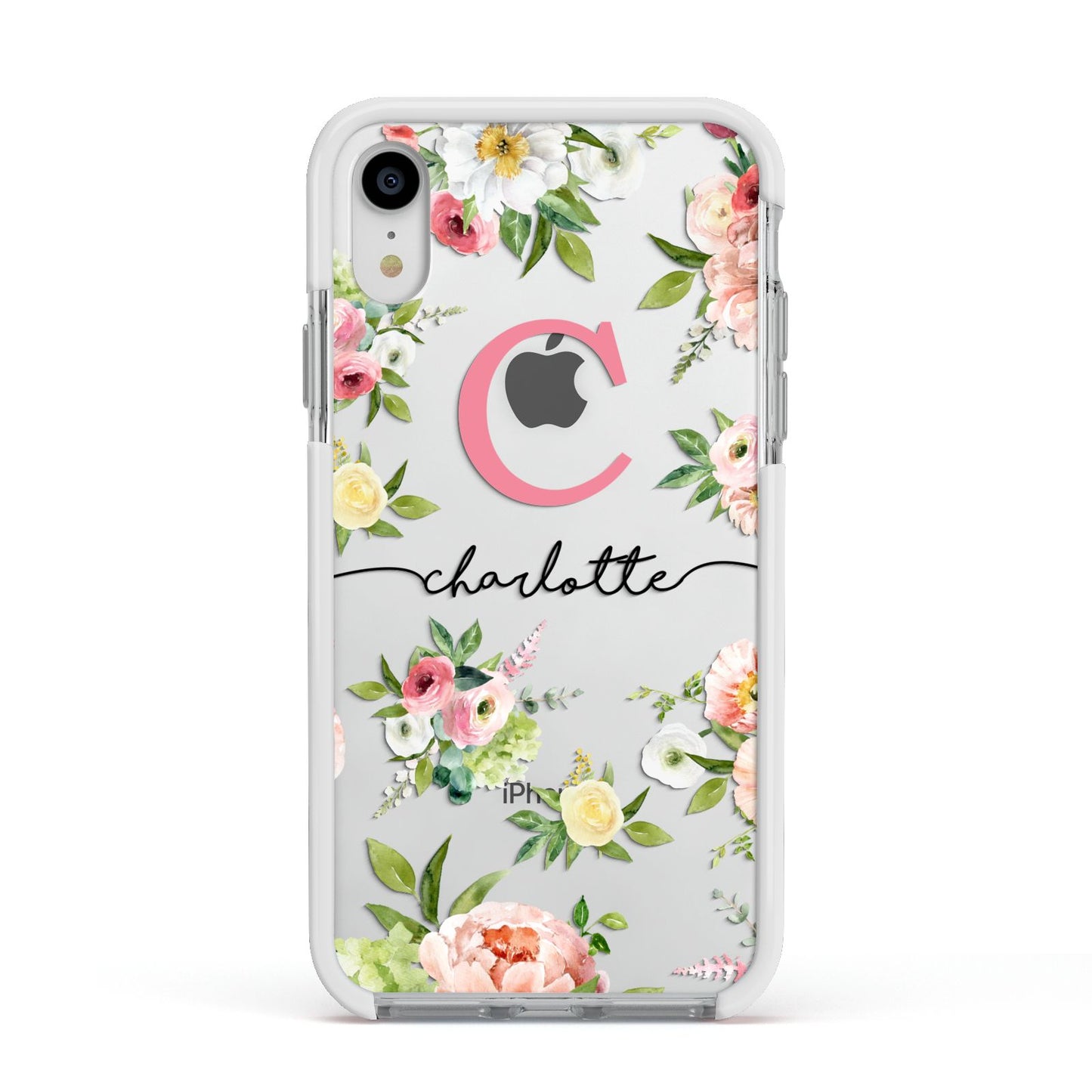 Personalised Floral Apple iPhone XR Impact Case White Edge on Silver Phone