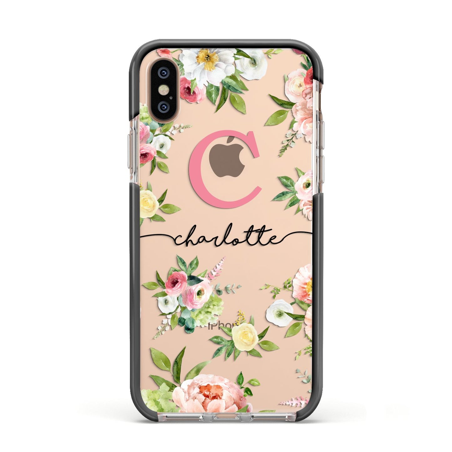 Personalised Floral Apple iPhone Xs Impact Case Black Edge on Gold Phone