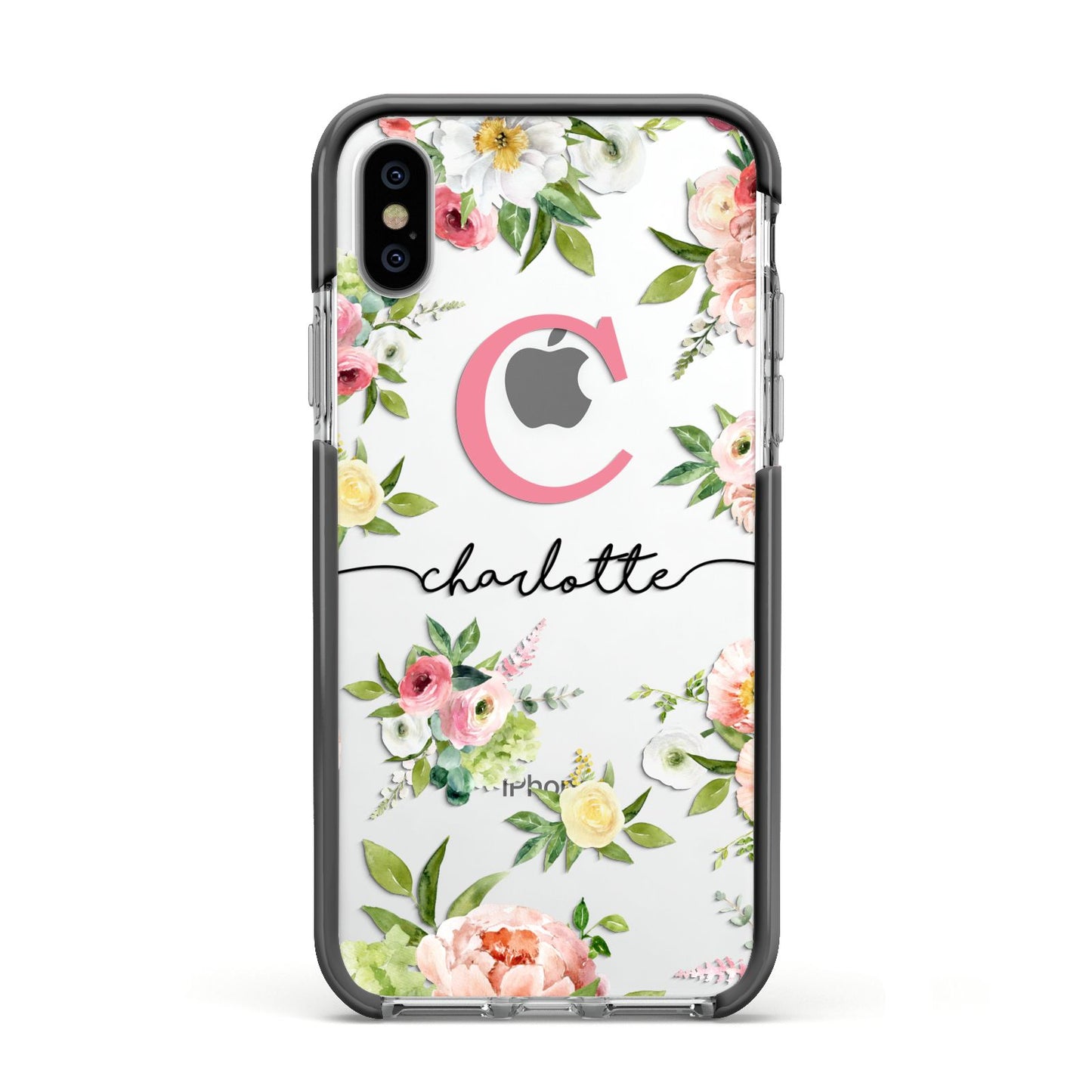 Personalised Floral Apple iPhone Xs Impact Case Black Edge on Silver Phone