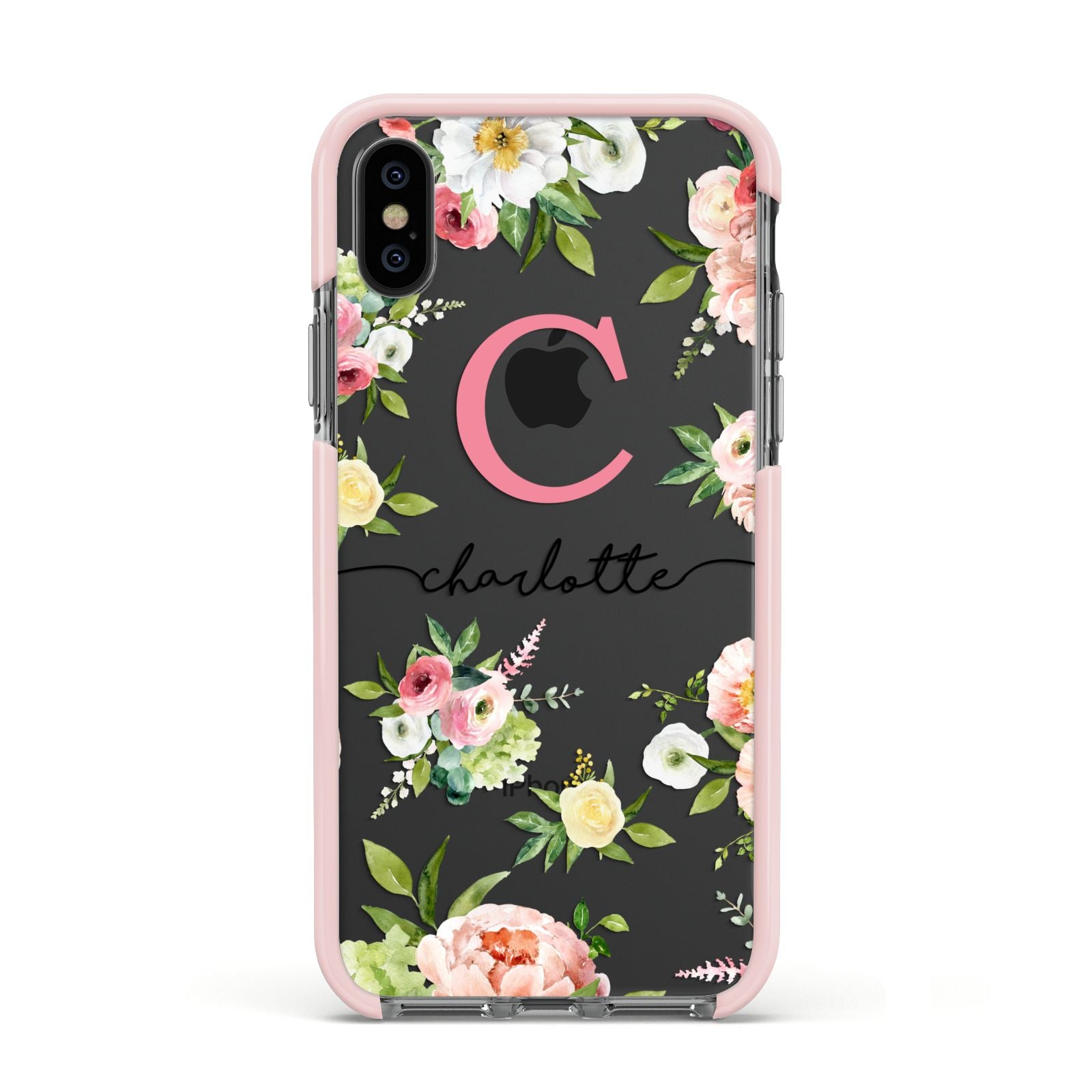 Personalised Floral Apple iPhone Xs Impact Case Pink Edge on Black Phone