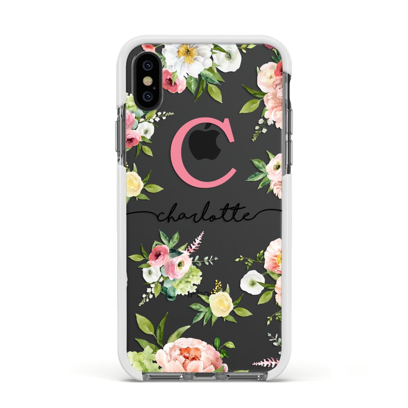 Personalised Floral Apple iPhone Xs Impact Case White Edge on Black Phone