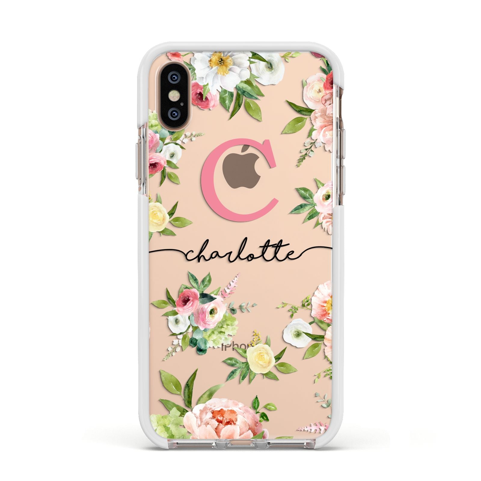 Personalised Floral Apple iPhone Xs Impact Case White Edge on Gold Phone